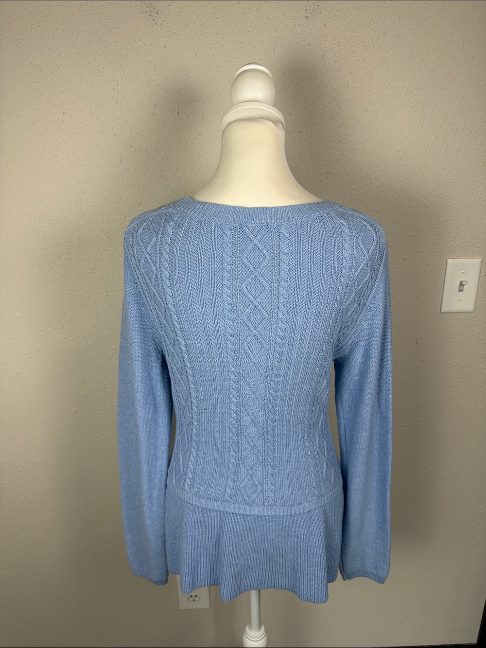 Talbots Cable Knit Sweater Women’s Med Light Blue Cashmere Blend Peplum Pullover - Picture 6 of 10